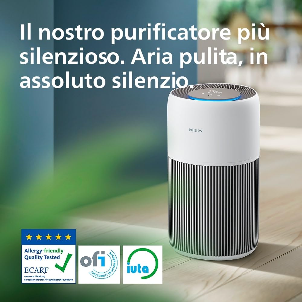 Purificatore d'Aria Philips Serie 2200, HEPA NanoProtect + Filtro a Carboni Attivi, CADR 400m³/h per ambienti fino a 140m², utile contro allergie, Ultra-silenzioso, Filtro intelligente (AC2210/10)