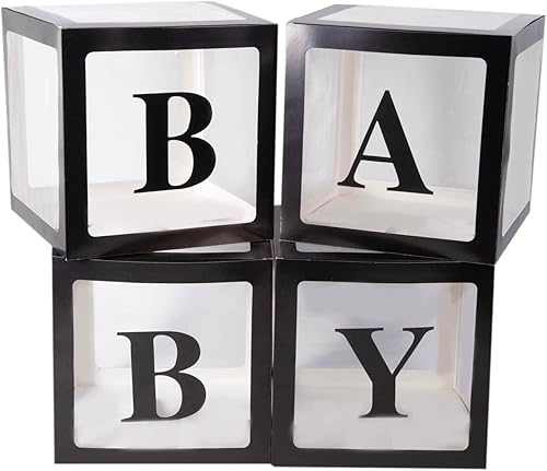 CJT Cajas de bebé con letras para bebé y fiesta de cumpleaños, 4 piezas, fondo de caja de globo transparente negro