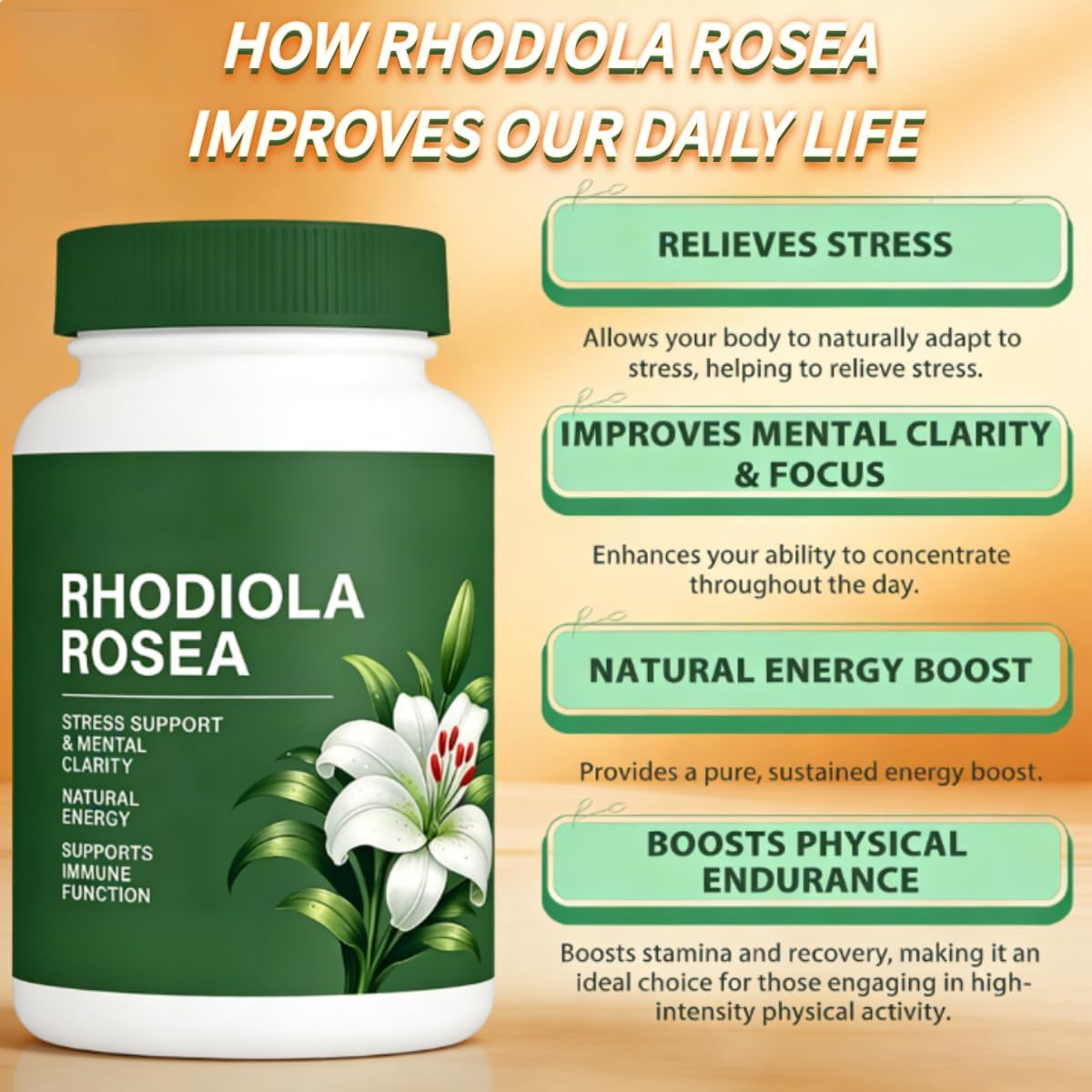 La Rhodiola rosea allevia l'affaticamento fisico e mentale, migliora l'attenzione e la concentrazione e mantiene livelli sani di cortisolo