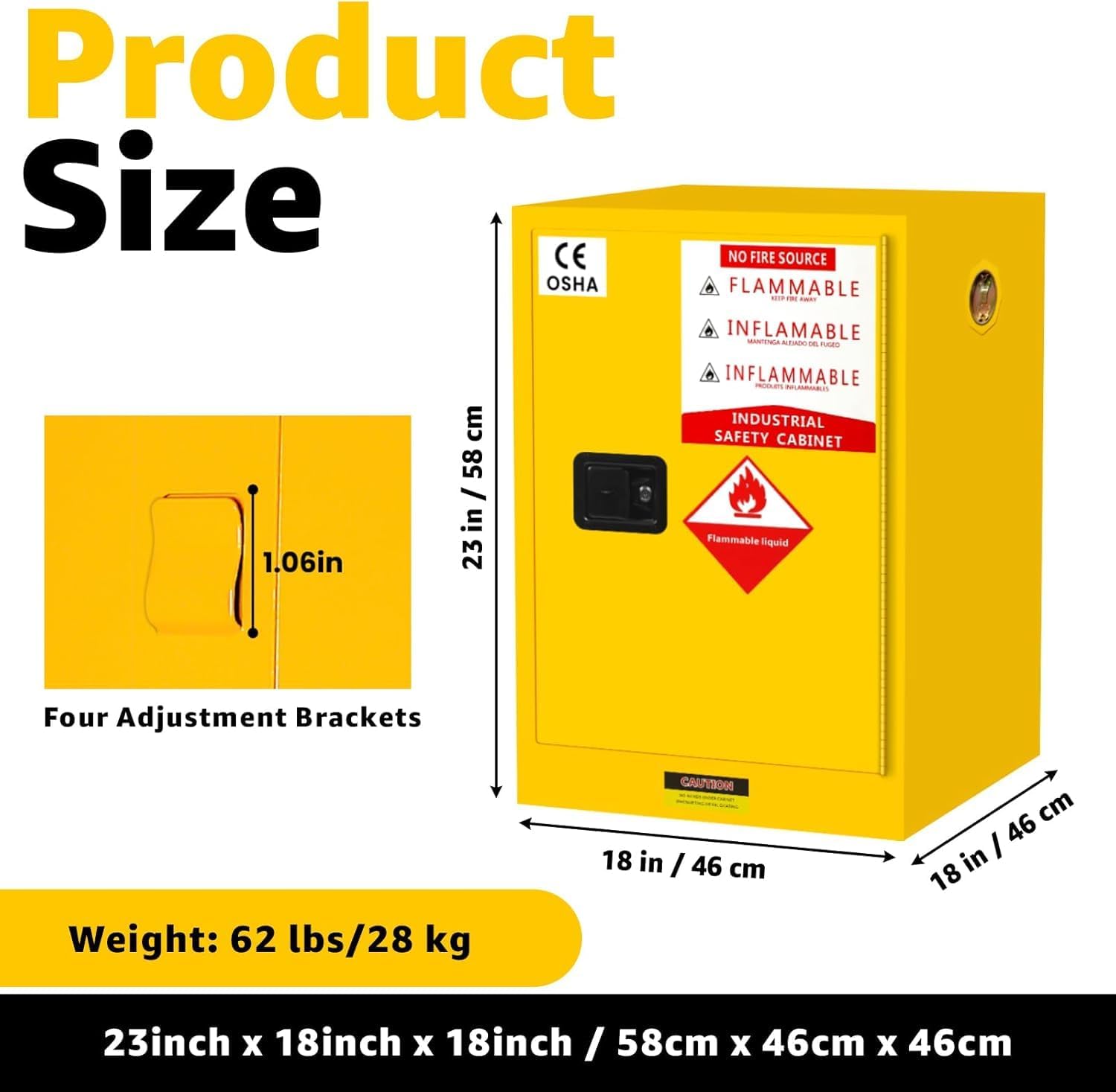 16 Gallon Flammable Storage Cabinet, 23.5" H x 18.11" W x 18.11" D Thickened Galvanized Steel Flammable Safety Cabinet, Fire Safety with Adjustable Shelf, for Industrial and Home Use