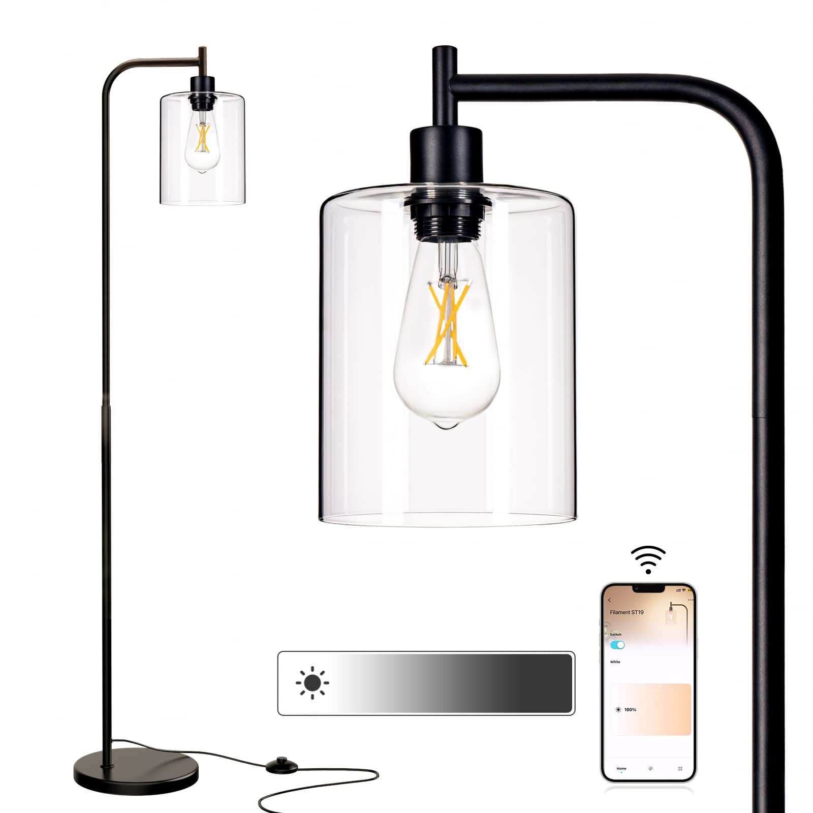 addlon Industrial Dimmable Floor Lamp with LED Bulb (2700K/9W), Stylish Standing Lamp with Hanging Glass Lampshade - Pole lamp for Living Room, Bedroom, or Office - Black