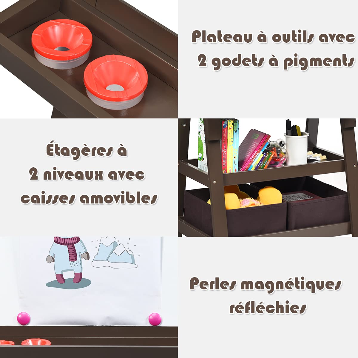 COSTWAY 3 en 1 Tableau Enfants Double Face avec Rouleau de Papier, Chevalet Enfants avec 2 Etagères et 2 Boîtes de Rangement, Structure Triangulaire, Jouet de Dessin pour Enfants de 3 Ans+