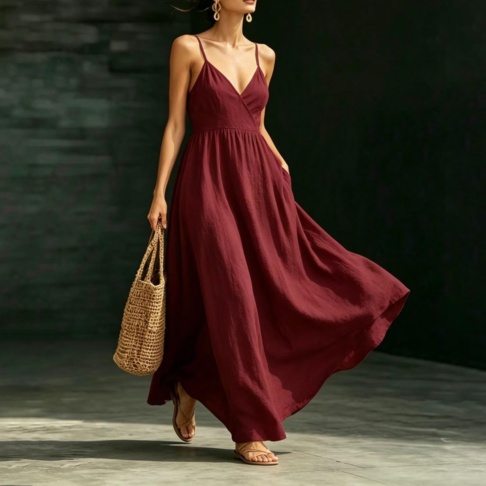 Vestido largo para mujer, cuello en V, tirantes ajustables, vestido largo acampanado, para playa, vacaciones, fin de semana, excursiones, paseos diarios