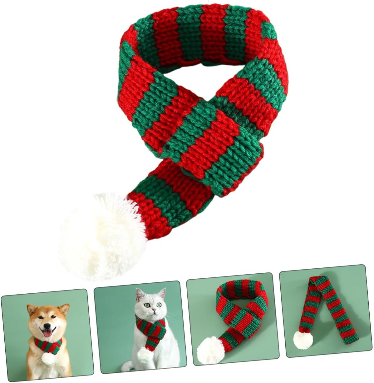 Abaodam Christmas Dog Cat Scarf, Knitted Thick Winter Pet Neckerchief with Pom Pom, Red Green Striped Xmas Bandana for Dogs, Cats, and Rabbits, Warm Holiday Decorative Accessory image 5