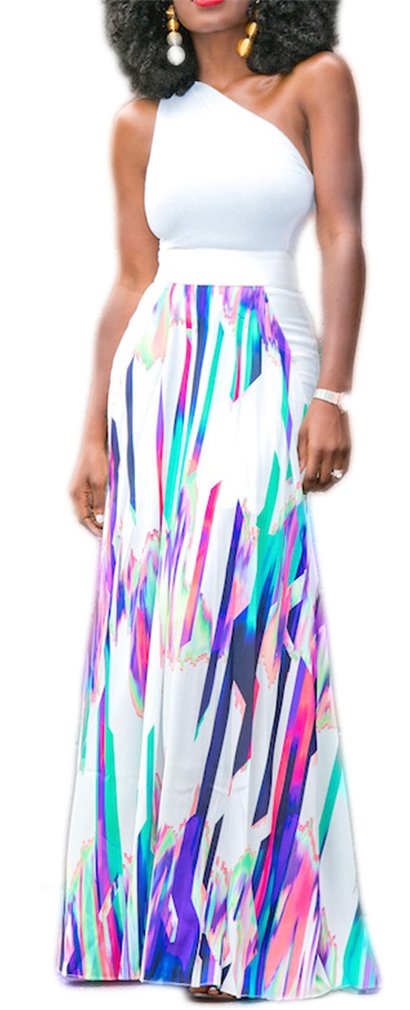 Women's 2 Pieces One Shoulder Tank Tops Printed Bodycon Maxi Skirt Set