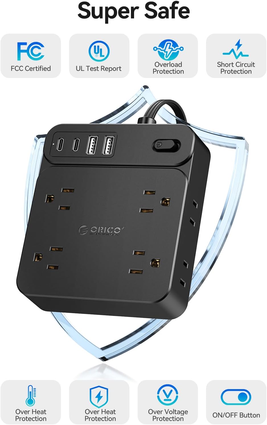 ORICO Long Flat Plug Extension Cord, Surge Protector Power Strip, 12 in 1 Extension Cord with 8 AC Outlets 2 USB-A and 2 USB-C Ports, Mountable Outlet Extender for Studio/Office/Home- SP1