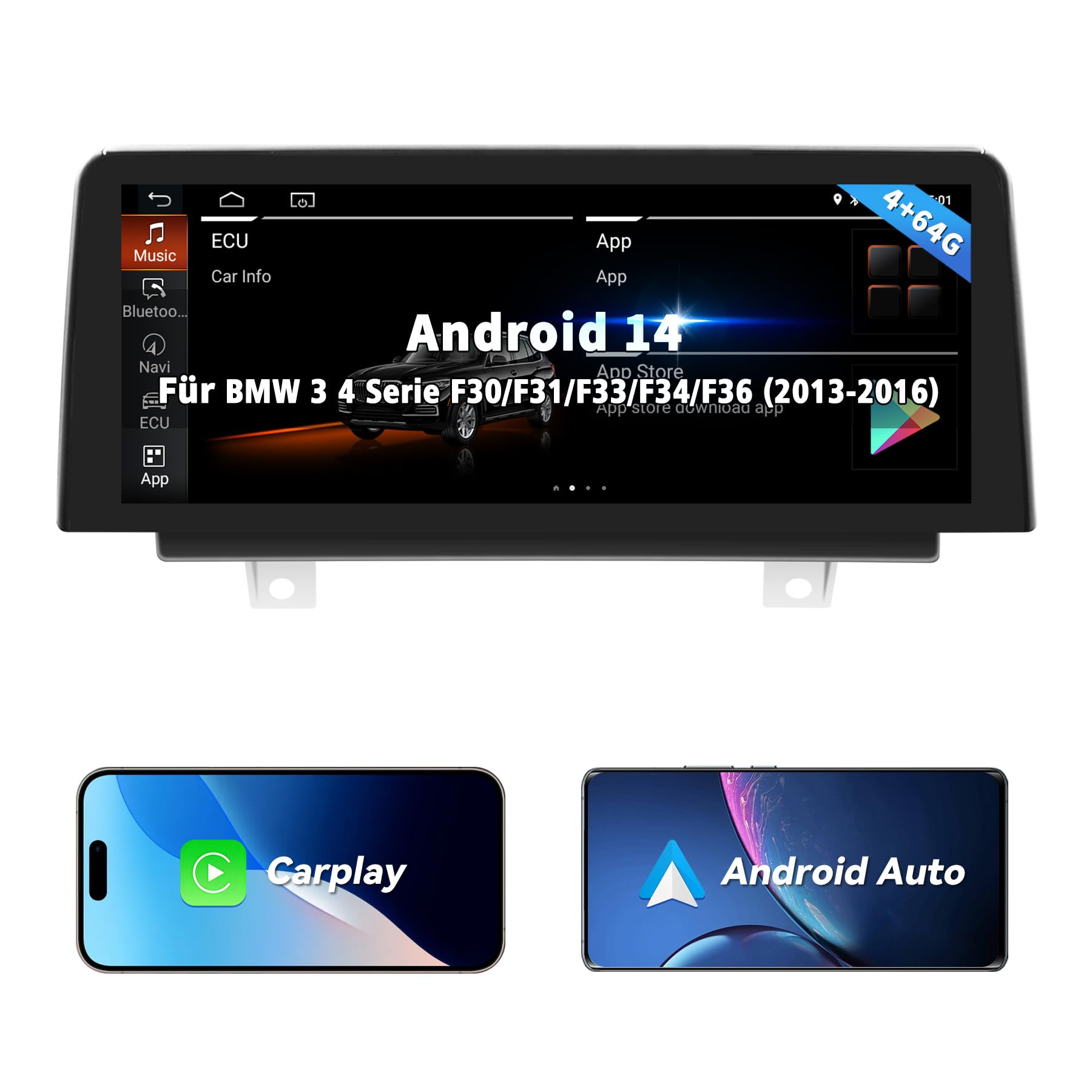 Autoradio für BMW 3er F30/F31/F34 & 4er F32/F33/F36 2013-2016 NBT System | CarPlay/Android Auto, Behält iDrive, Bluetooth, GPS, FM, WLAN, Lenkradsteuerung, 4+64GB Android Auto Radio 10,25″ Touchscreen