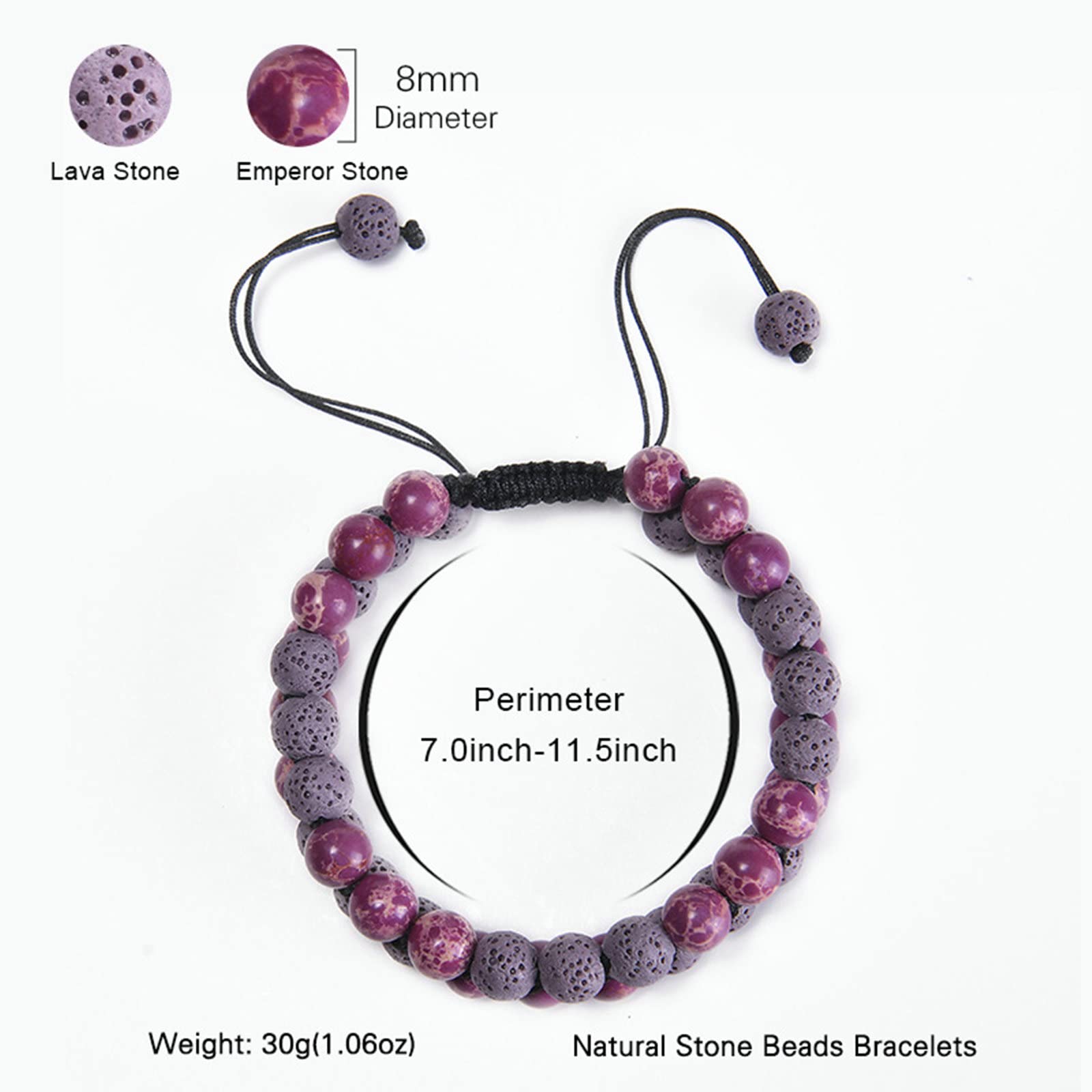 Braccialetti con Pietre da Donna, Bracciale con Perline Nere da 8 mm con bracciali con Perline Elasticizzate a Corona 19 cm