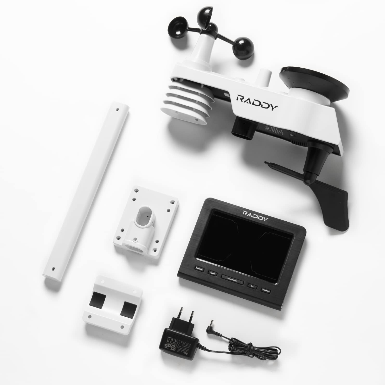 Raddy WF-100C Lite Stazione Meteo WiFi con sensore esterno, Stazione meteorologica domestica 13-in-1 con app, Termometro interno/esterno, Barometro, Igrometro, Anemometro e Pluviometro