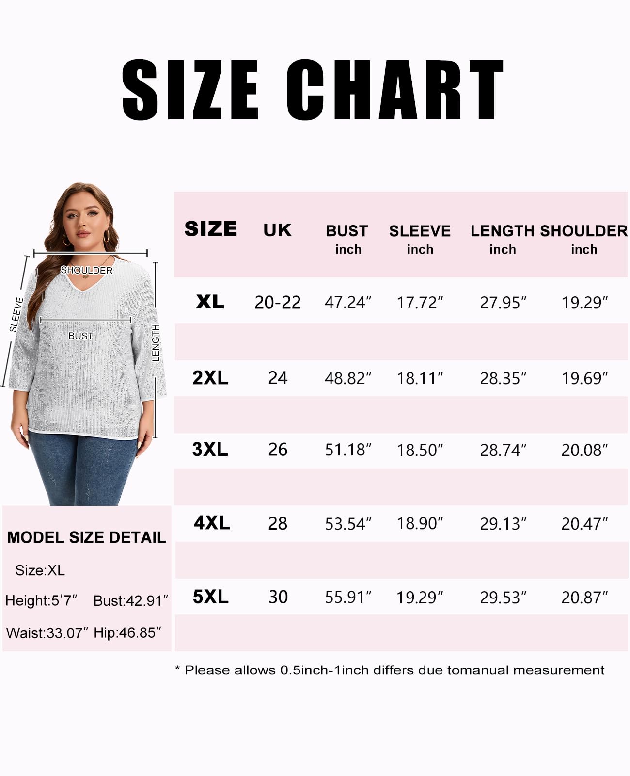 XL-5XL Grande taille Chemisier à paillettes T-shirt Femmes Haut à paillettes étincelantes Col en V Doublé Manches 3/4 Vêtements de soirée décontractées
