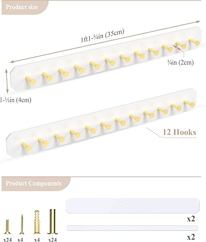 Miniatura 8 de NiHome Organizador de joyas de acrílico montado en la pared, paquete de 2 unidades, ganchos de acero al carbono resistentes para tocador, baño