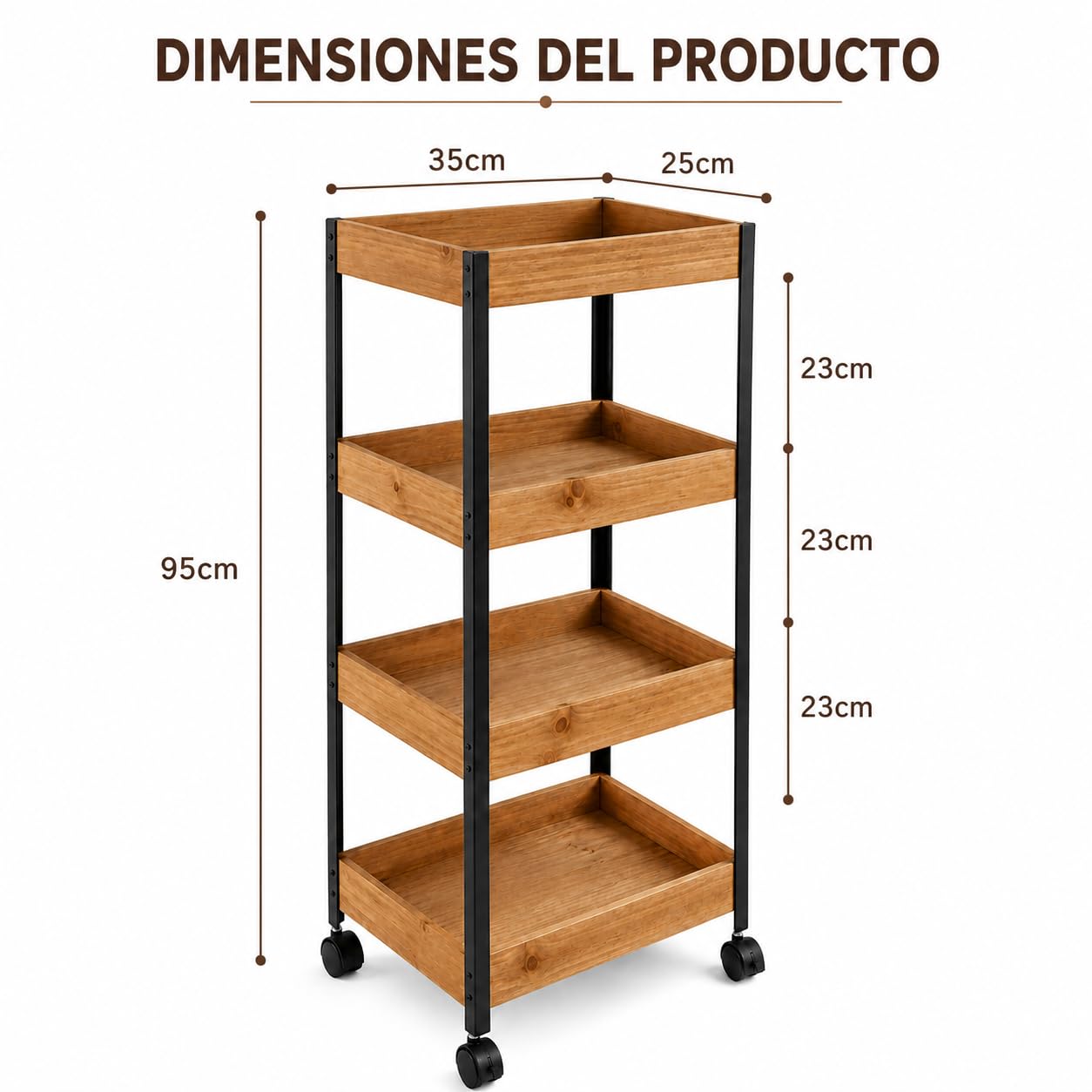Carrito de Almacenamiento de 4 Niveles, Estantería con Ruedas 35x25x95 cm | Diseño compacto. Ideal para dormitorio, baño, cocina, balcón, salón y estudio XZ-22229