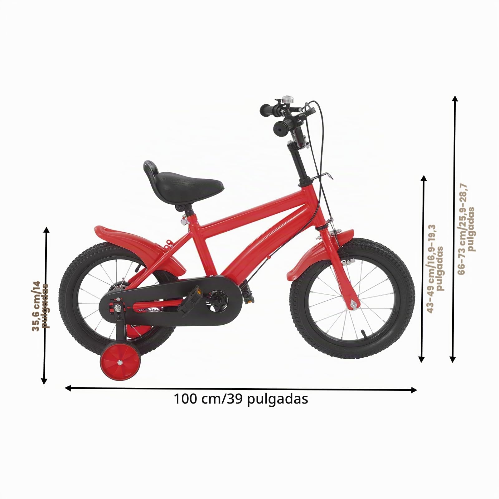 Bicicleta infantil de 14 pulgadas, color rojo, para niñas y niños a partir de 3 a 6 años, altura ajustable con ruedas estabilizadoras, freno de mano y guardabarros, de acero al carbono, regalo