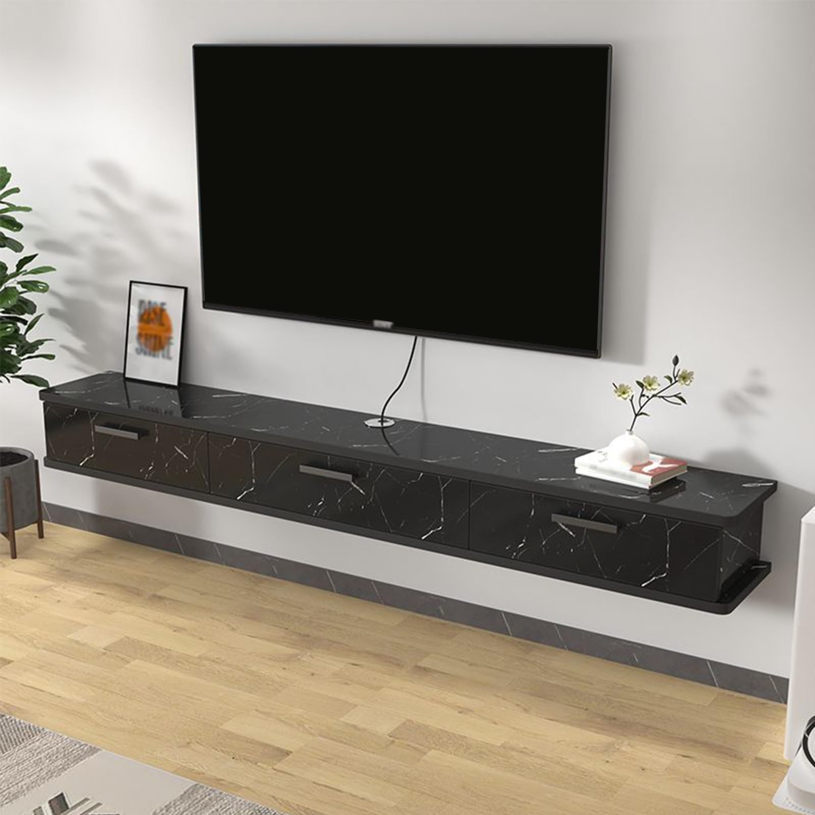 Moderner, schwebender TV-Ständer, Wandhalterung mit Klapptür und Aufbewahrung, wandmontierte TV-Konsole für Zuhause, langer hängender TV-Schrank (schwarze Streifen, 180 x 22 x 20 cm)