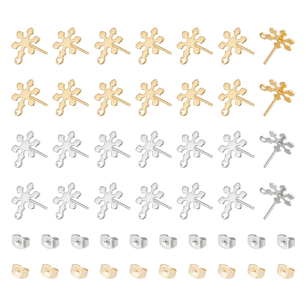 UNICRAFTALE 40 Pcs 2 Colors Stainless Steel Snowflake Stud Earring Findings Stud Earring C with Loops with Earring Backs Hypoallergenic Metal Stud