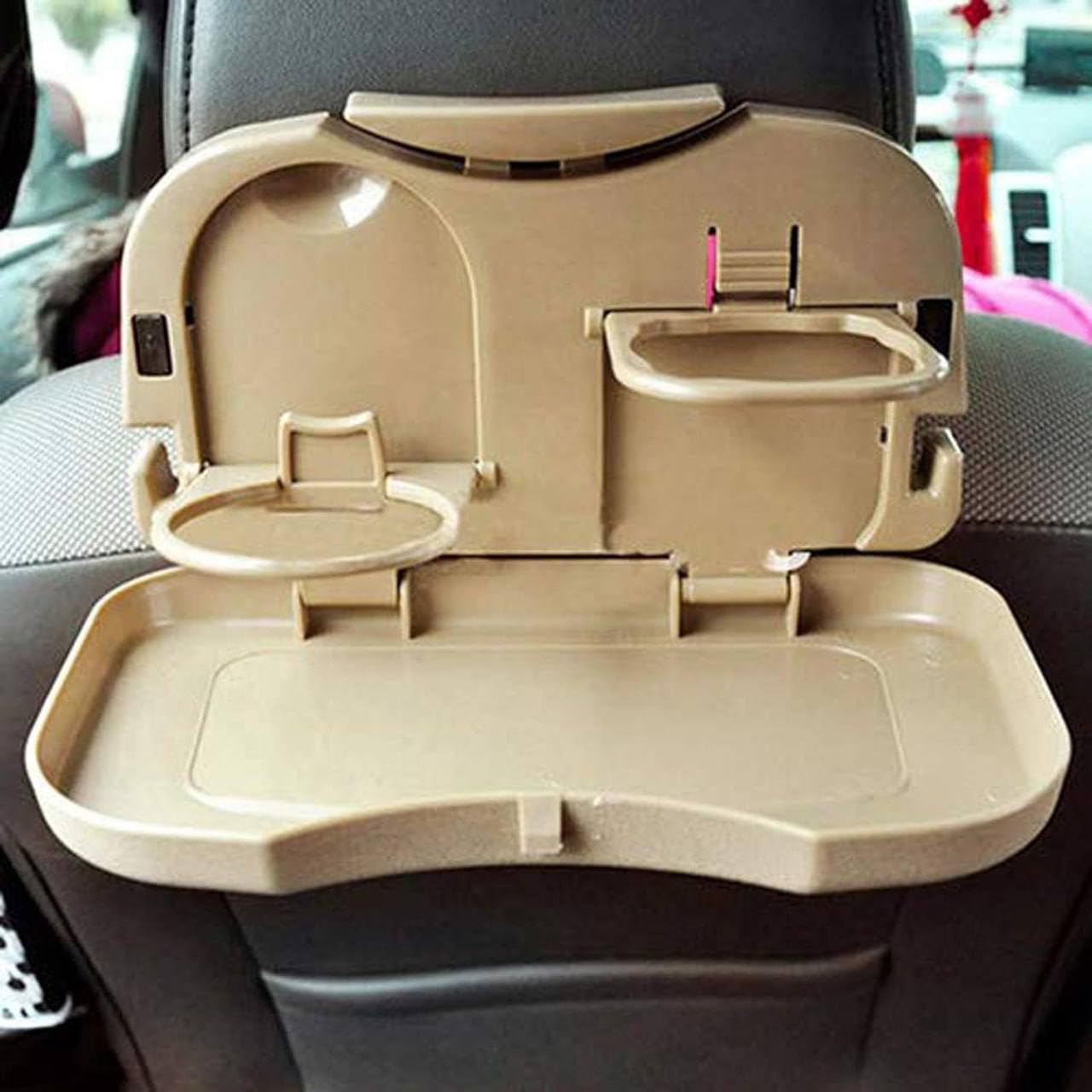 Car Seat Back Folding Table Organizer, Beige, Multi-Functional Dining Tray with Cup Holders, 25x16x1.8cm. Mini Car Backseat Food Tray with Bottle Cup Holder. (1pc)-image-9