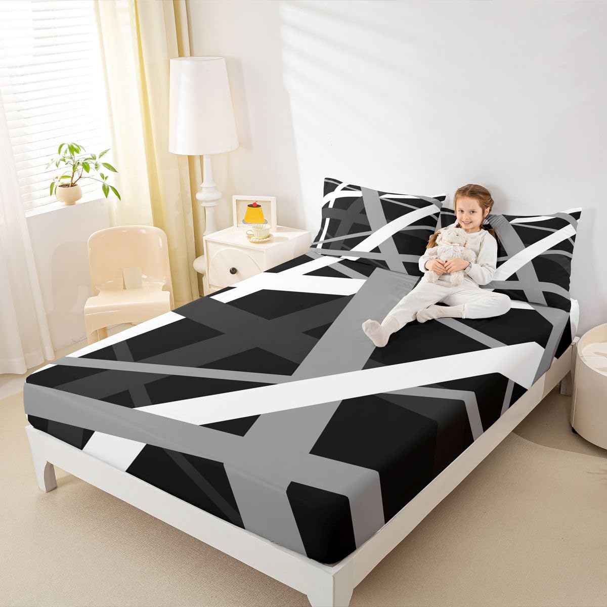 Manfei Juego de sábanas bajeras de líneas abstractas, tamaño King, juego de ropa de cama de rayas grises y negras, 3 piezas, sábanas decorativas retro con 2 fundas de almohada, decoración de