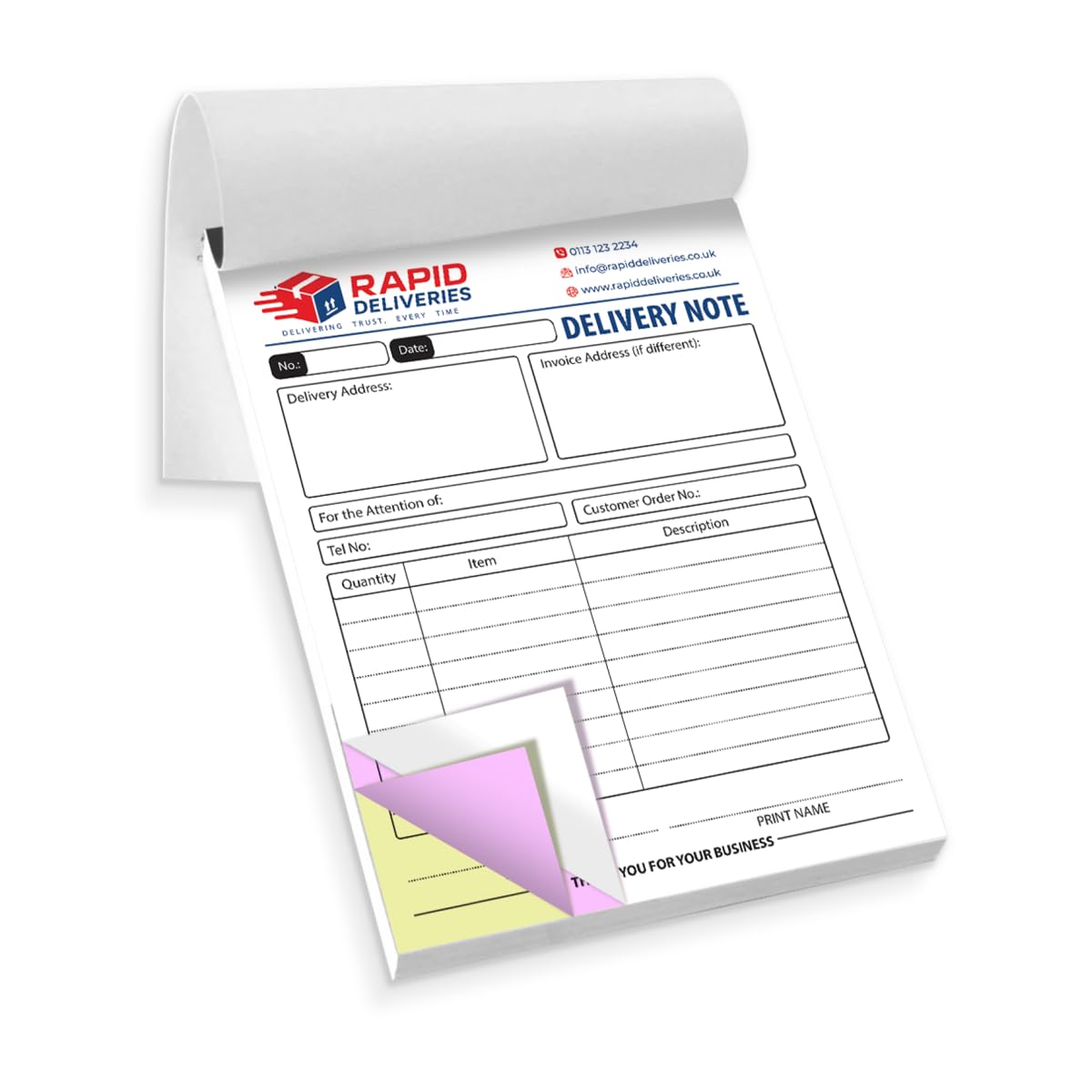Custom Printed A5 Triplicate Delivery Note, 50 Triplicate Sets, NCR Business Forms, Full Colour Printing
