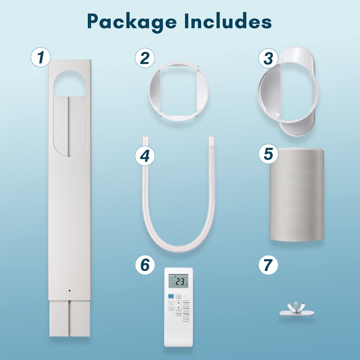 Diagram showing all components included in the ZAFRO Portable Air Conditioner package.