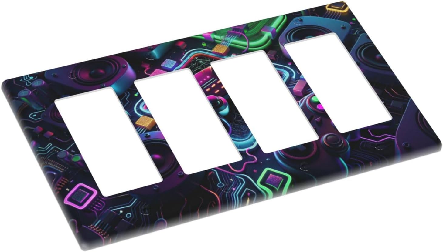 Cyberpunk Gamer Style 4 Gang Decorative Wall Plate Neon Gamepad Controller Quad Rocker Light Switch Cover Outlet Covers Switchplates Electrical Faceplate GFCI for Game Room Playroom Decor image 3