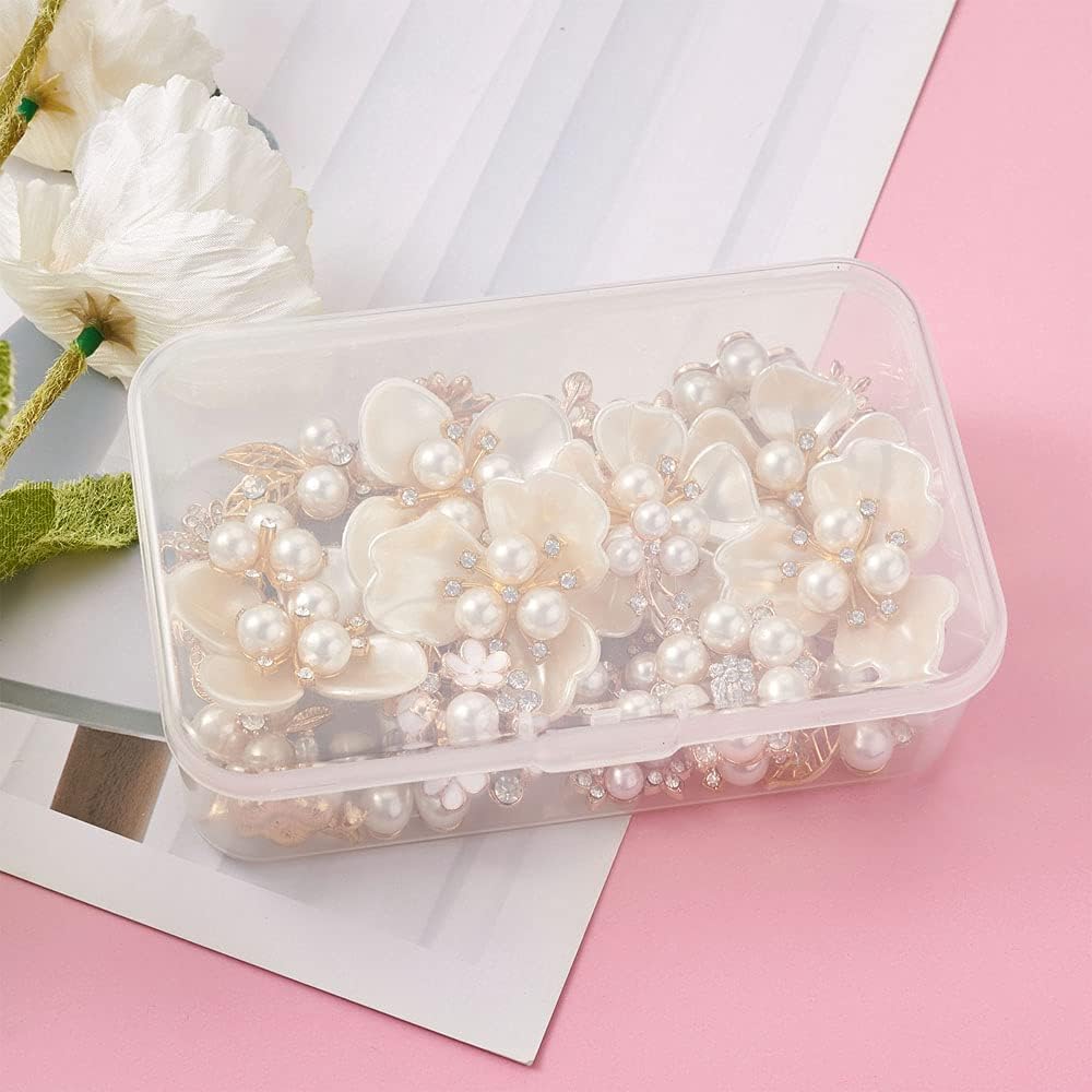 40Pcs Rhinestone Pearl Flower Embellishments White Flatback Crystal Faux Pearl Flower Buttons Brooch Cabochon Accessories for Wedding Jewelry Making Sewing Crafting Decoration