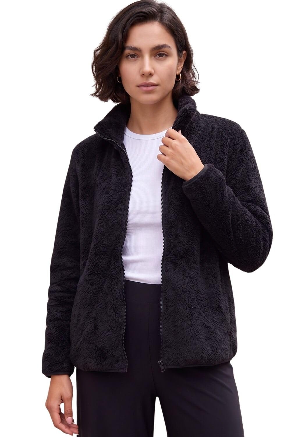 Roman Womens Soft Sherpa Fleece Jacket - Black - Size Medium