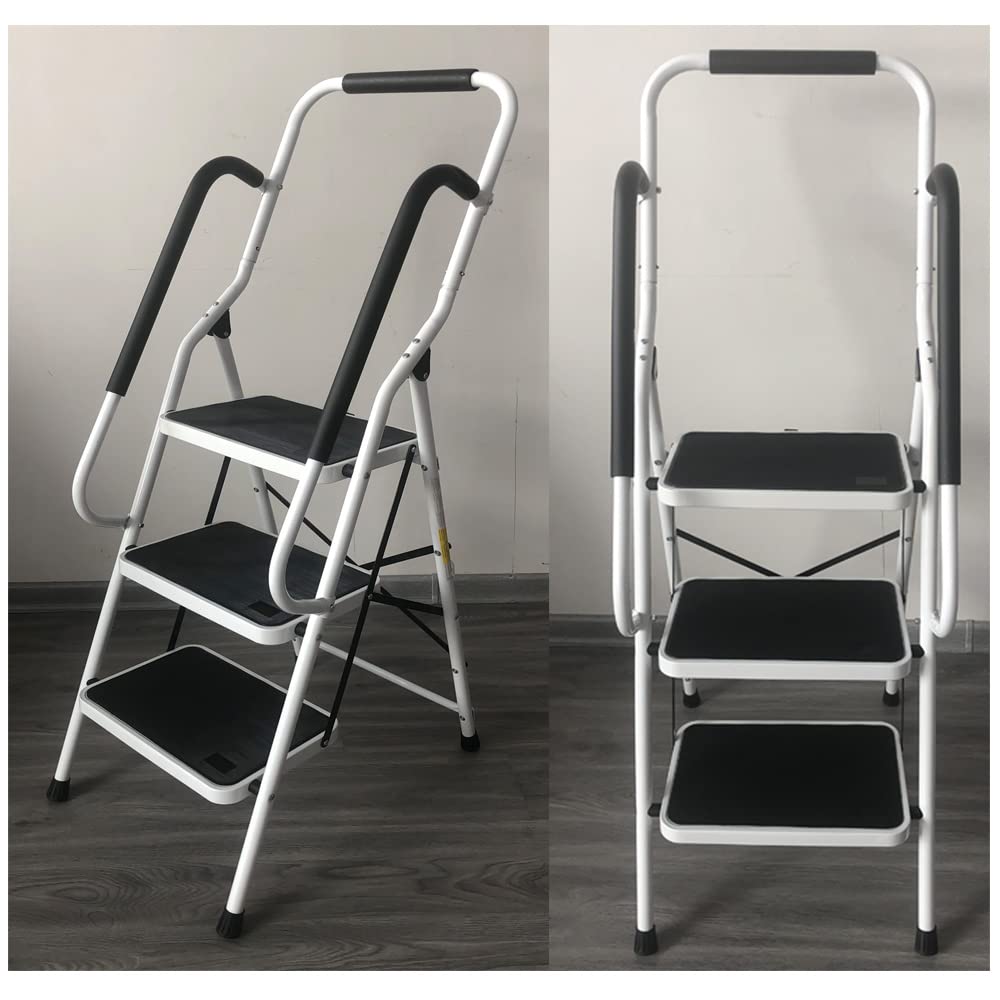 Scala a 3 gradini con corrimano di sicurezza, pieghevole, sicura, antiscivolo, struttura opaca e resistente, multiuso per la casa