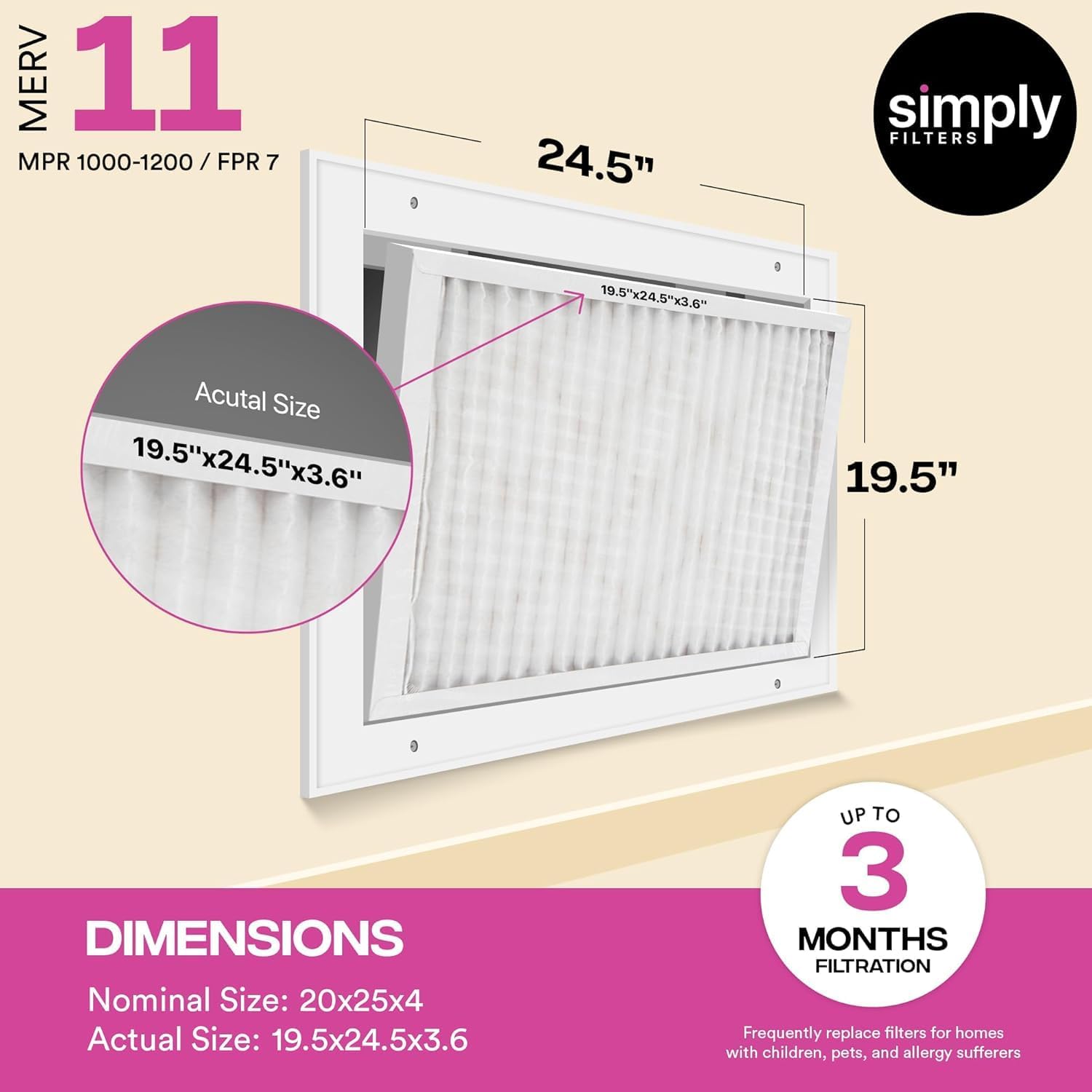 Simply 20x25x4 Air Filter, MERV 11, 2 Pack, Furnace Air Filter for HVAC (Actual Size:19.5"x24.5"x3.63") DUST, Pet, & Allergy Control