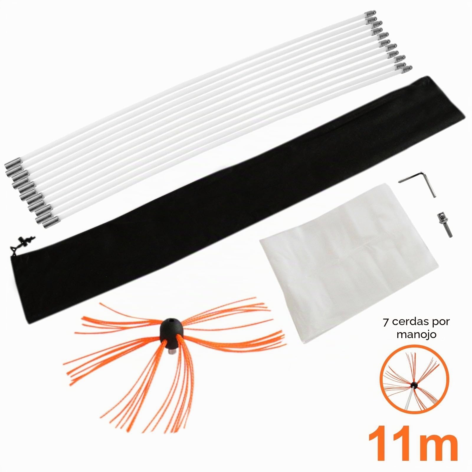 Kit de limpieza de barrido de chimenea con taladro, cepillo limpiador giratorio, cepillo de barrido, 11 m, quemador de leña, varillas flexibles de nailon reforzado, hoja de polvo, bolsa de