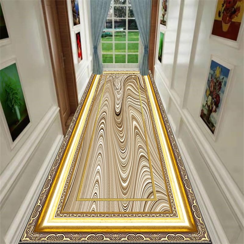 Puyosvr Vintage Greek Key Runner Rug,2.6x10ft,European Marble and Gold Floral Frame Design longrugs, Light Luxury Abstract Kitchen Hallway Rugs,