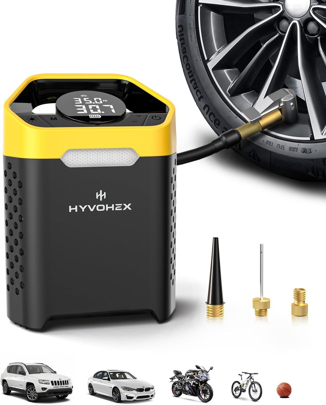 Heavy-Duty PSI Tire Inflator Portable Air Compressor, Min Fast Inflation Cordless Portable Air Pump with Digital Pressure Gauge & LED Light, Electric Tire Pump for Car, SUV, Bike, Ball