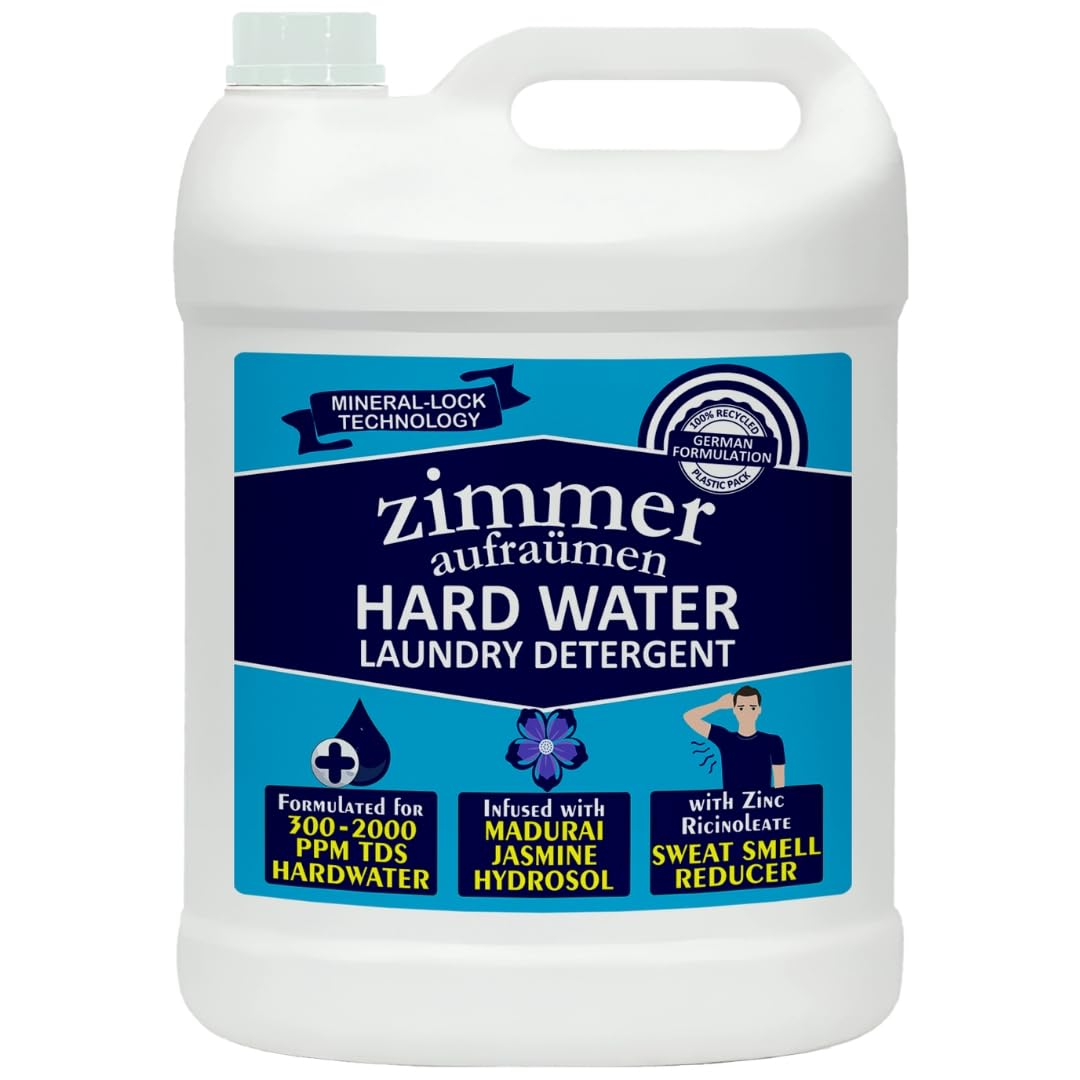- Zimmer Hard Water Detergent Liquid- 5L with Mineral Lock Technology | Infused with Madurai Jasmine Hydrosol & Zinc Ricinoleate | Best for Front & Top Load Machines
