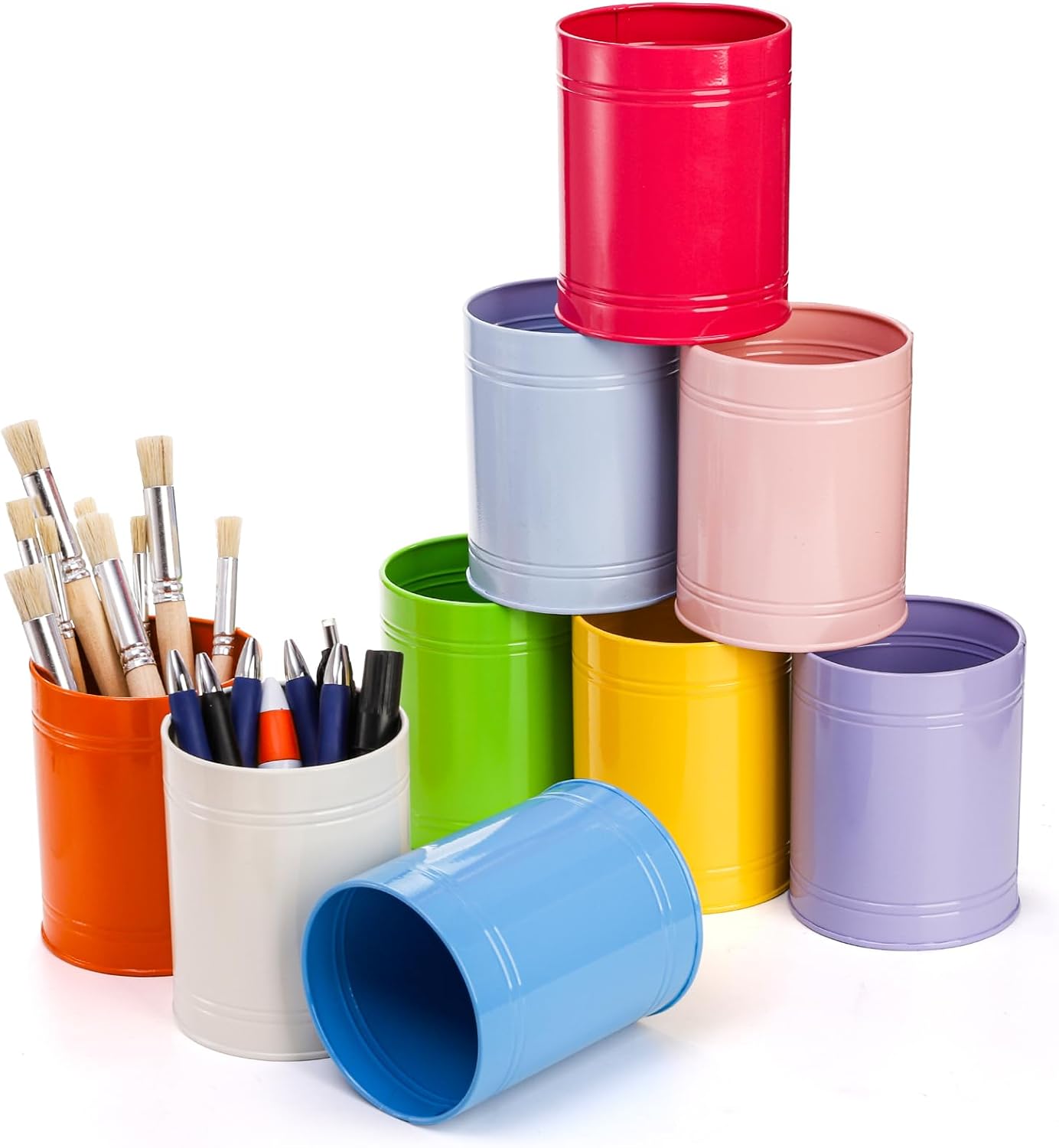 Tlence 9 Pack Metal Pen Holder, Colorful Desktop Pencil Cup, Mini Stationary Supplies Buckets, Round Makeup Brush Storage Organizers for Office Home School Classroom Accessory, 3.5 x 4.5 Inches
