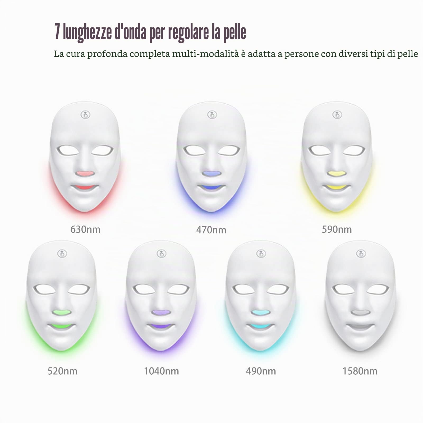 Maschera viso a LED con 7 colori per terapia della luce, maschera viso a LED per ringiovanimento della pelle, trattamento della pelle del viso contro l'acne, rughe e anti-invecchiamento, per casa e