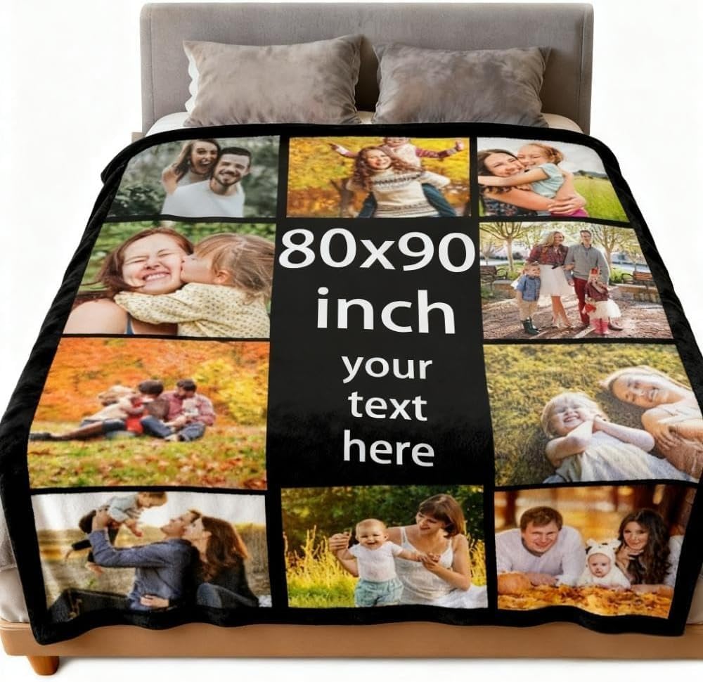 Custom Blankets with Picture for Queen/King Size Bed, Big Throw Blanket Tailored for Couch, Personalized Large Size Flannel Photo Tapestry (Ten Pictures, 60X80inch),Valentine's Day Gift
