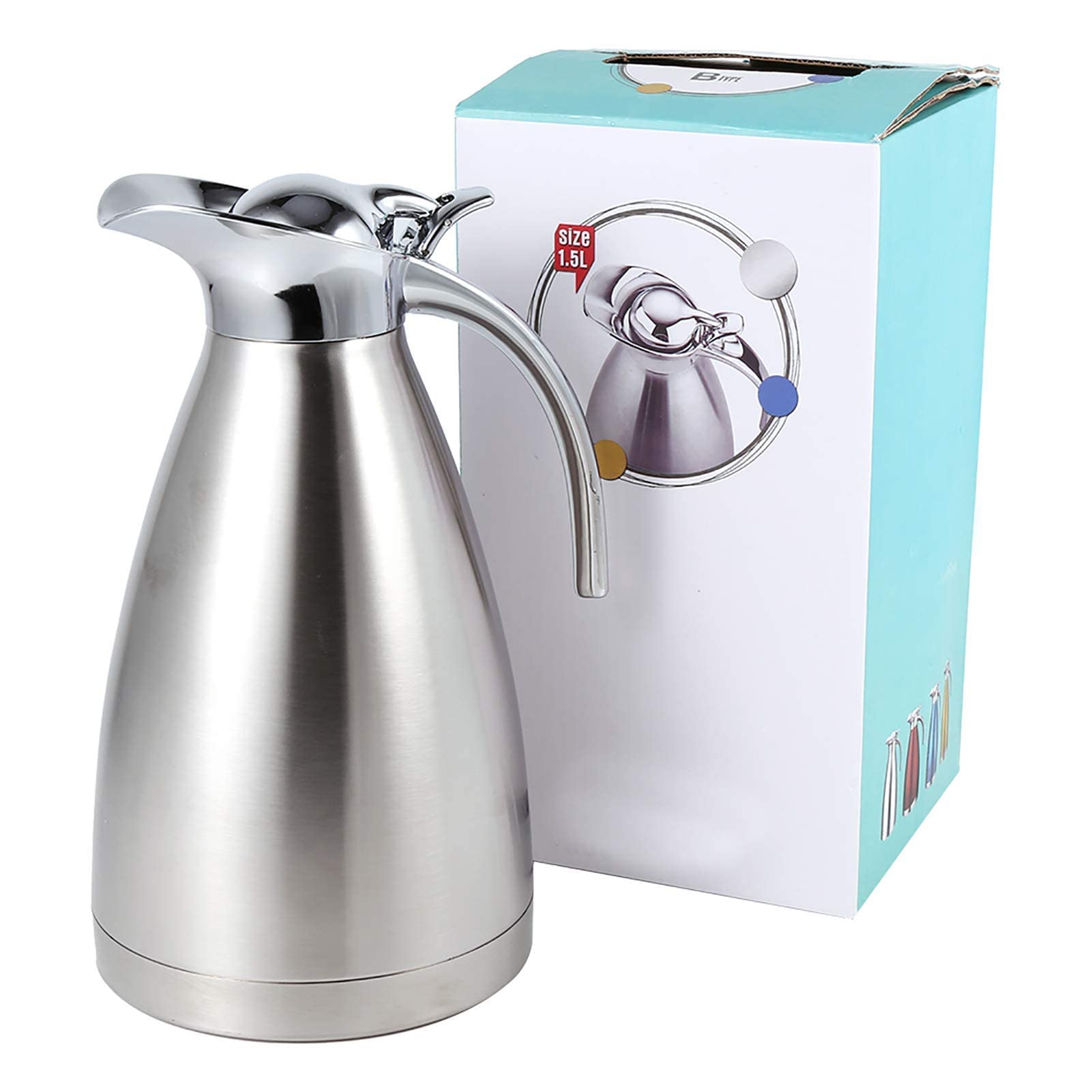 1,5 Litri Caraffa Termica in Acciaio Inox, Brocca/Thermos a Doppia Parete, Isolata Sotto Vuoto, per Tè o Caffè, Chiusura a Pressione, Mantiene Le Bevande Fredde e Calde per 24 Ore (1.5L-A-Argento-A)