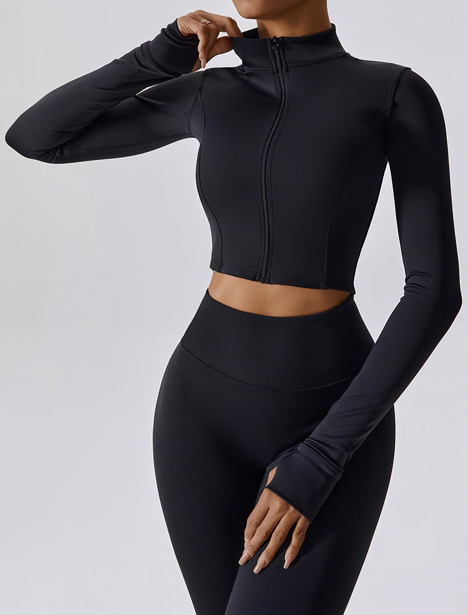 Set da allenamento da donna, 3 pezzi, giacca a maniche lunghe con cerniera, top corto, leggings da yoga a vita alta, set da palestra e atletica