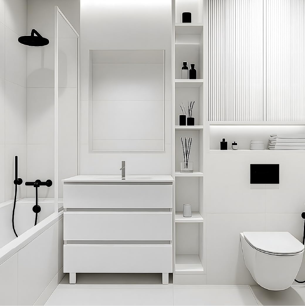 Juego Mueble Baño con Lavabo. Mueble Lavabo 80 cm. Mueble Bajo Lavabo Compacto Preinstalado de Fábrica. Mueble Baño con Lavabo 80 cm con Pie de Porcelana. No Incluye Espejo.