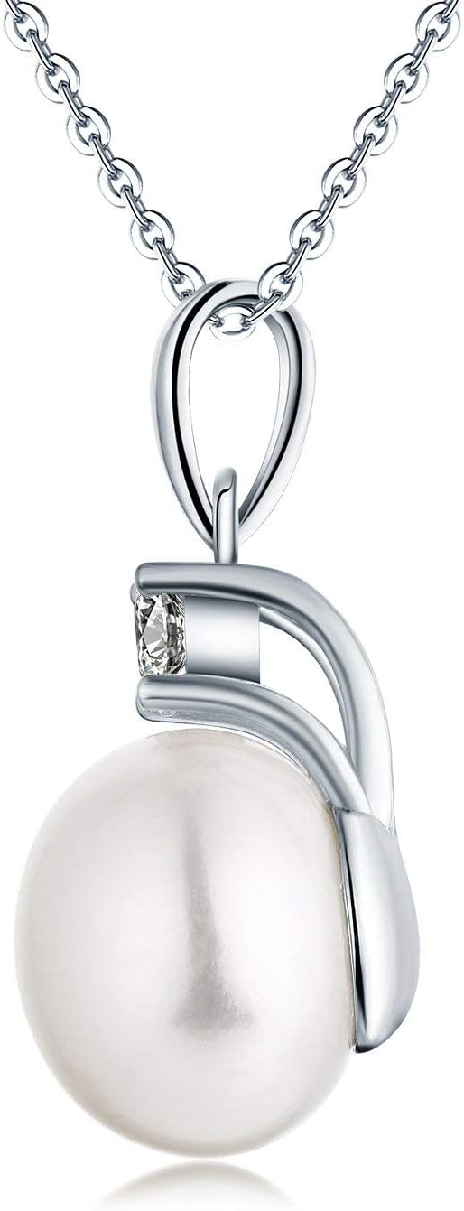 JO WISDOM Pearl Necklace Earrings, 925 Sterling Silver Freshwater Pearl Necklace Cubic Zirconia with 8mm 10mm Dangle Pearl, Jewelry for Women