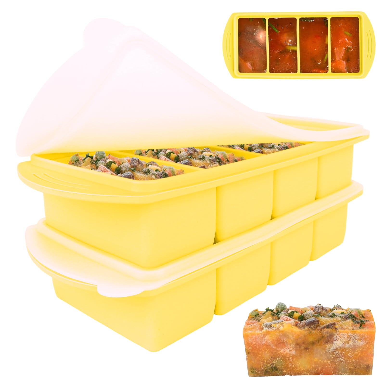 Lotvic 2 Pack Soup Cube Silicone Freezer Tray, 1000ML Freezer Containers with Lid, 4-Compartment, Makes 8 1-Cup Portions Cubes, Freezer Tray for Meal Prep, Soup, Sauce (2 Pack, Yellow)