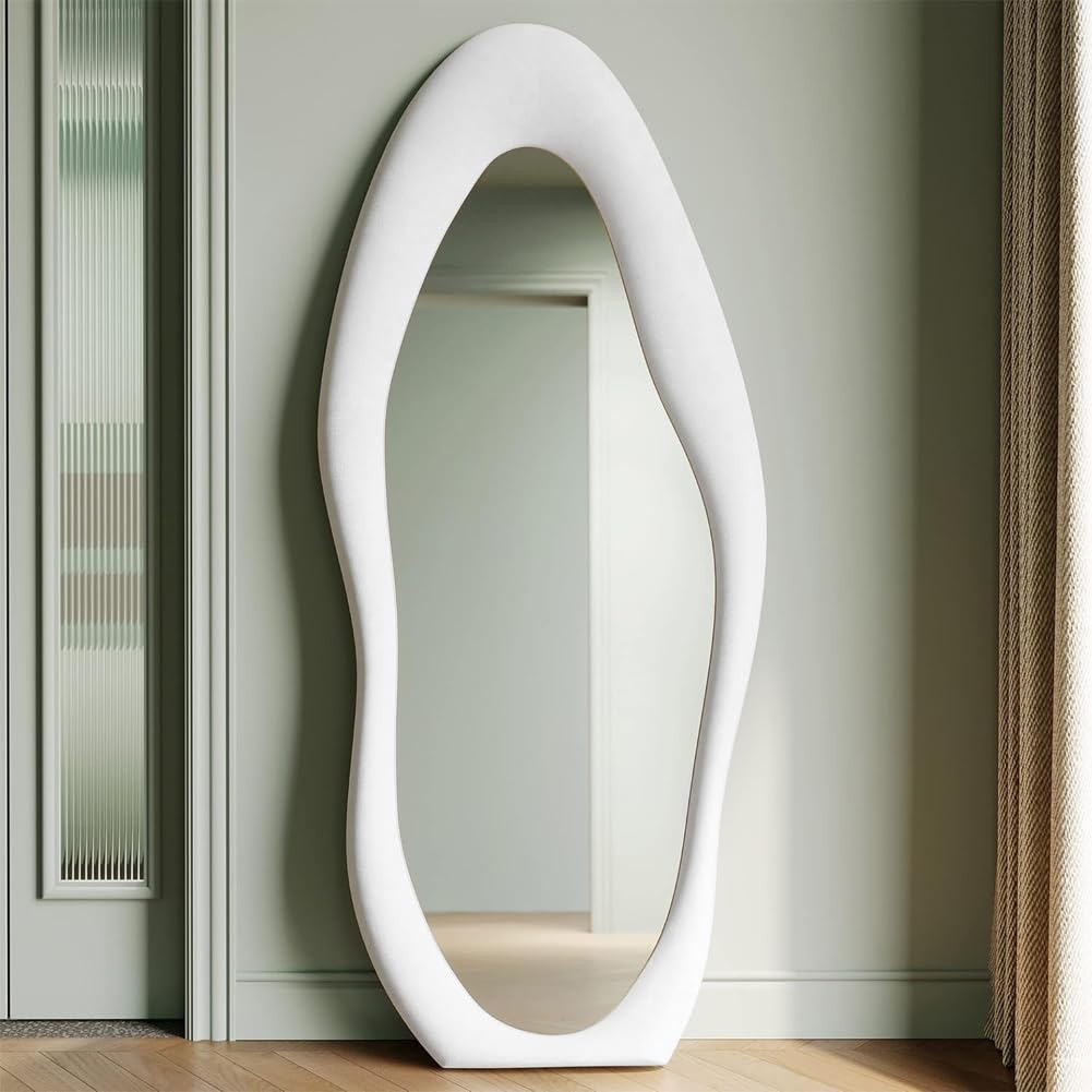 Shally Dogan Specchio Ondulato Figura Intera con Rivestimento Cornice in Velluto Premium, Specchietto Grande Asimmetrico per Decorazione Casa, Ufficio, Negozio, 60 x 160 cm (Bianco)