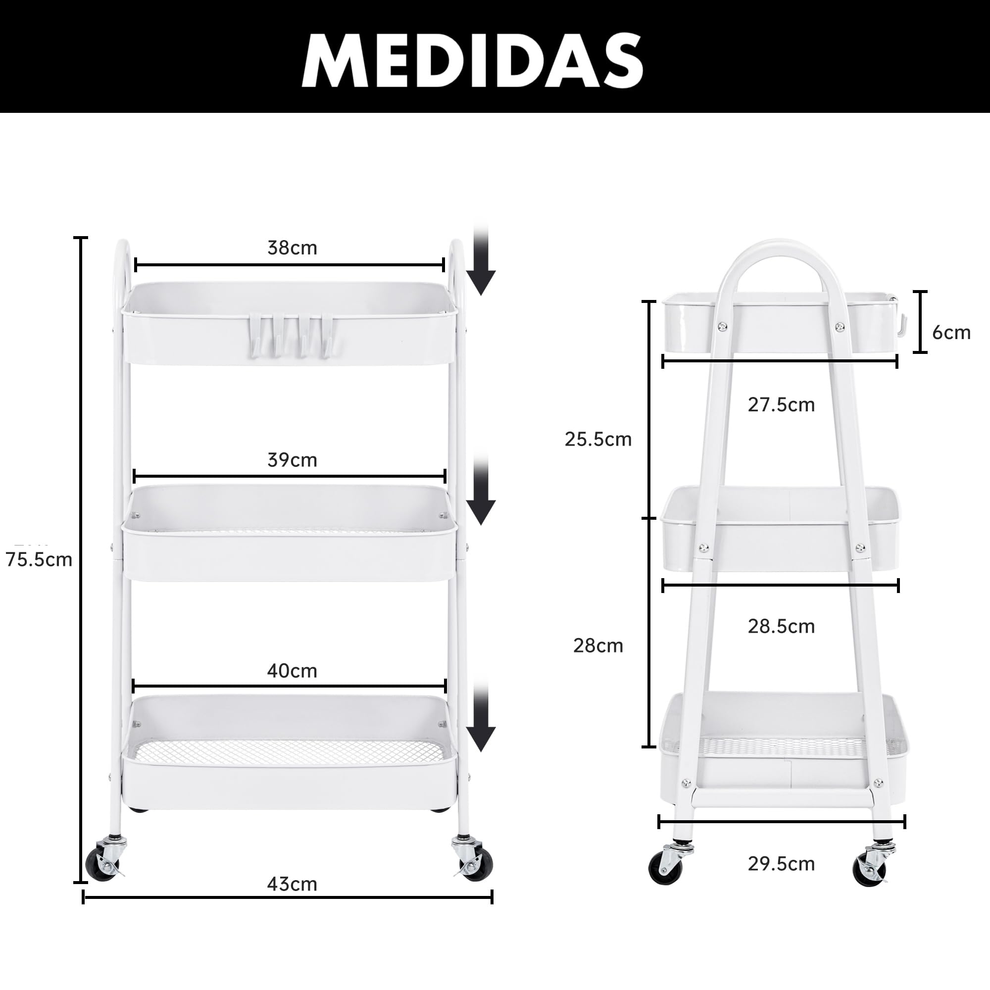 T-LOVENDO.ES Carro de Cocina Metálico con Ruedas. Carrito Auxiliar Multiuso. 3 Cajones de Almacenamiento. Ideal para Frutas, Verduras, Cocina, Salón, Oficina (Blanco)