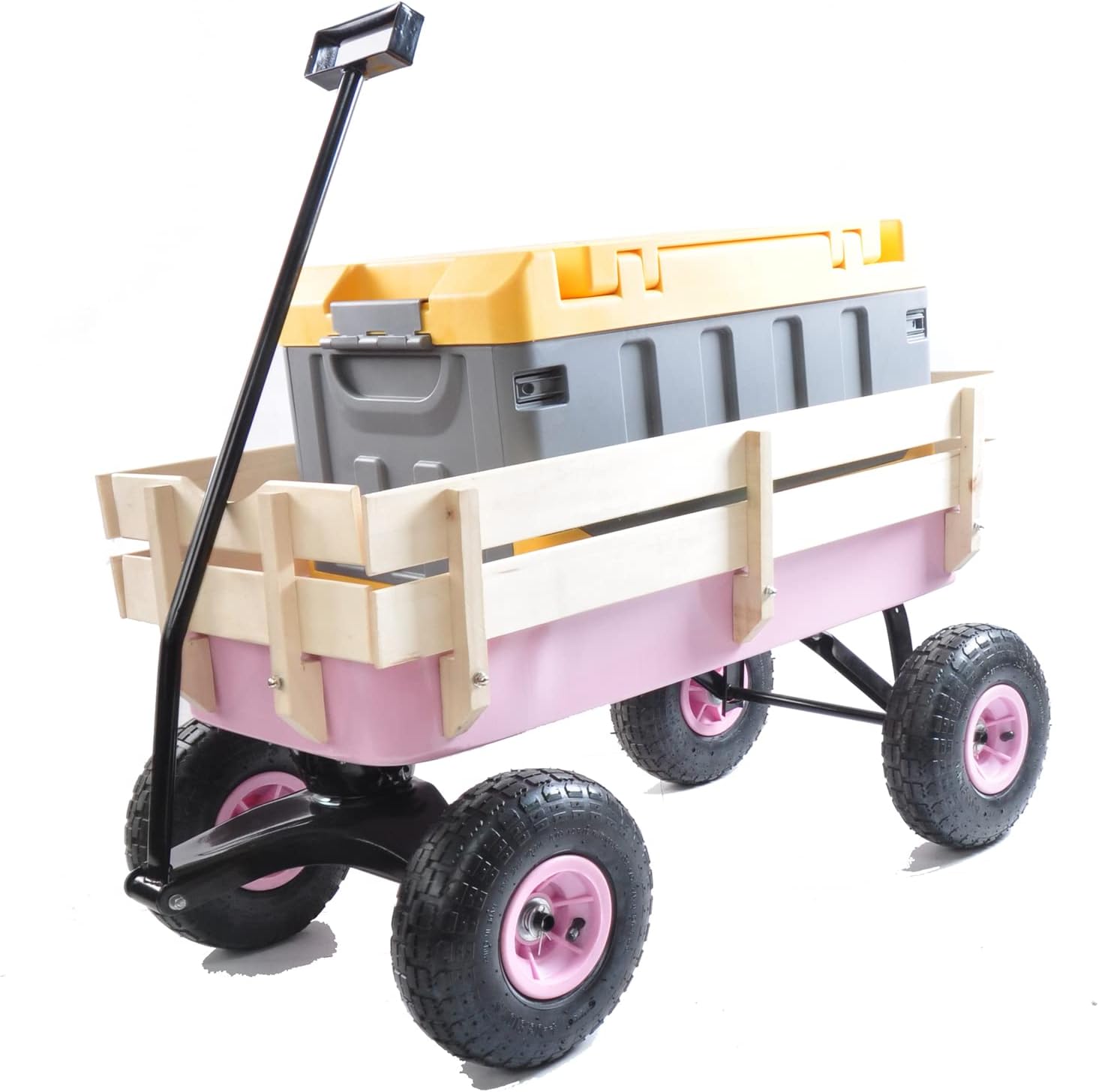 Outdoor Wagon All Terrain Pulling w/Removable Wooden Side Panels Air Tires Big Foot Panel Wagon Children Kids Garden Cart for Christmas Outdoor Camping, Pink