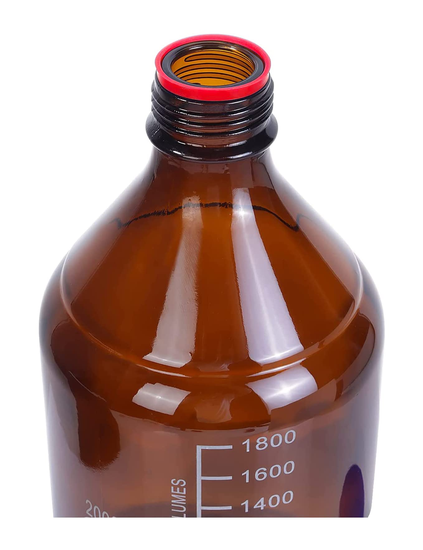 Botella de cristal ámbar graduado de 2 litros, redonda, 2000 ml, reactivo de laboratorio/almacenamiento con tapa de rosca roja GL45