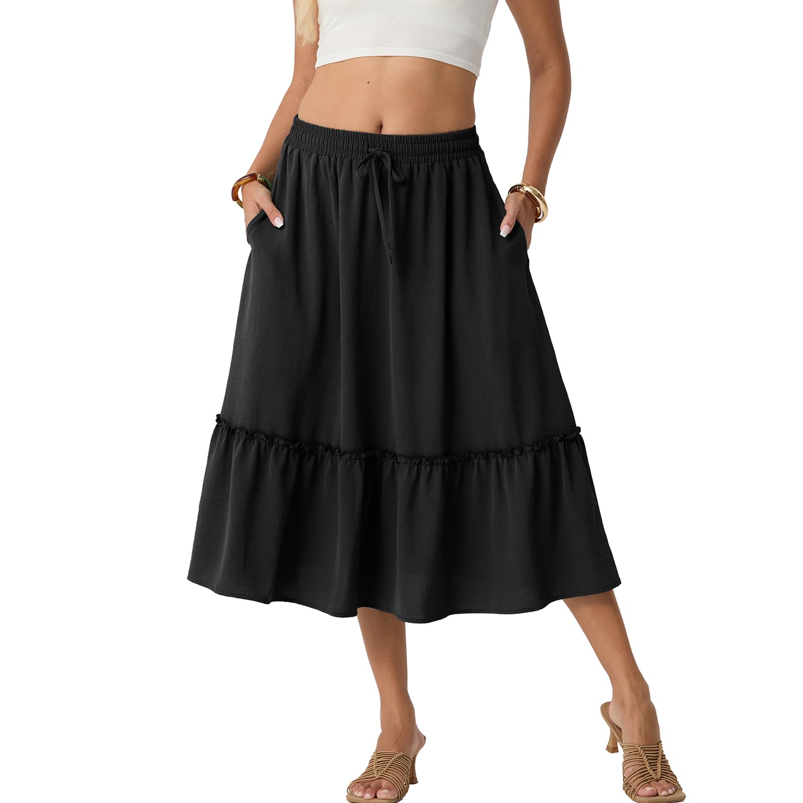 Skirts for Women High Waisted Tiered A Line Midi Skirt Knee Length Summer Skirts Drawstring with Pockets