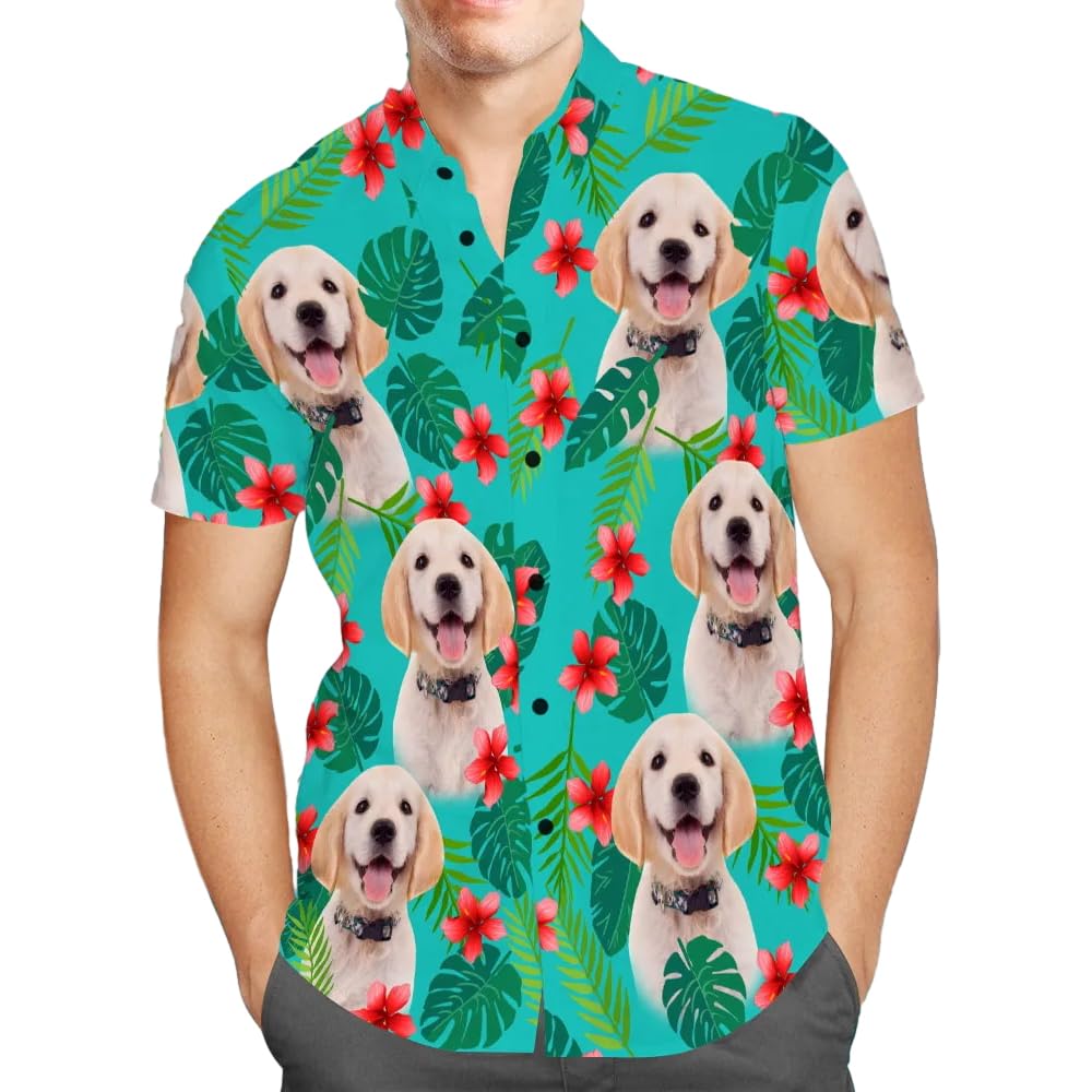 Smile lab Personalised Hawaiian Shirts with Face for Men Funny Customised Pet Dog Cat Photo Tropical Floral Hawaiian Shirts Short Sleeve