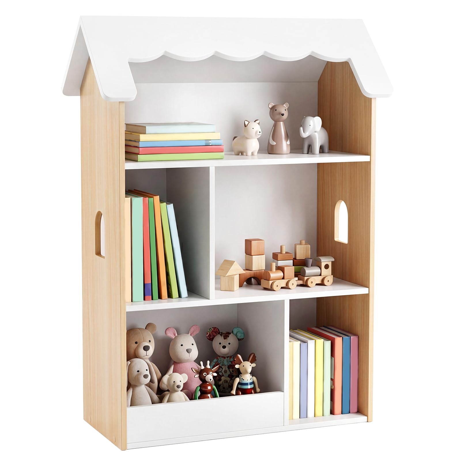 COSTWAY Librería Infantil de 3 Niveles, Estantería para Niños en Forma de Casa con Estantes Abiertos, Armario Organizador de Juguetes de Madera para Sala de Juegos Habitación Infantil Guardería