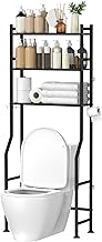 3-Tier Over The Toilet Storage, Space Saver Metal Bathroom Shelves, Freestanding Above Over Toilet Storage Shelf with 4 Hooks for Bathroom, Black