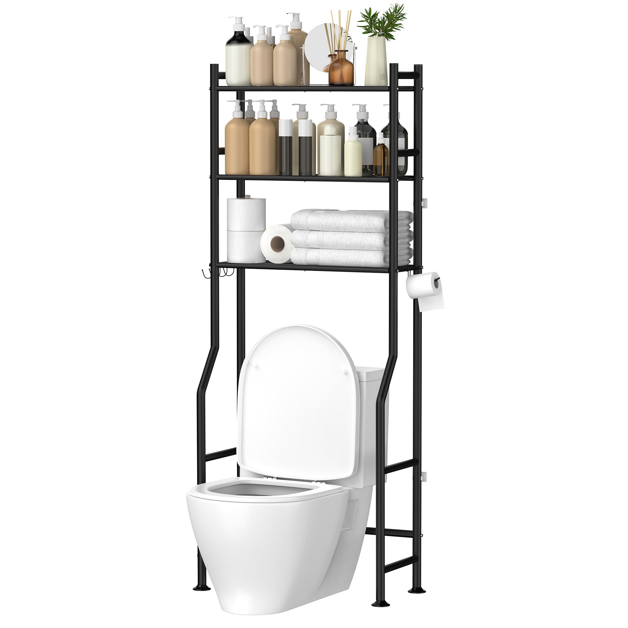 3-Tier Over The Toilet Storage, Space Saver Metal Bathroom Shelves, Freestanding Above Over Toilet Storage Shelf with 4 Hooks for Bathroom, Black