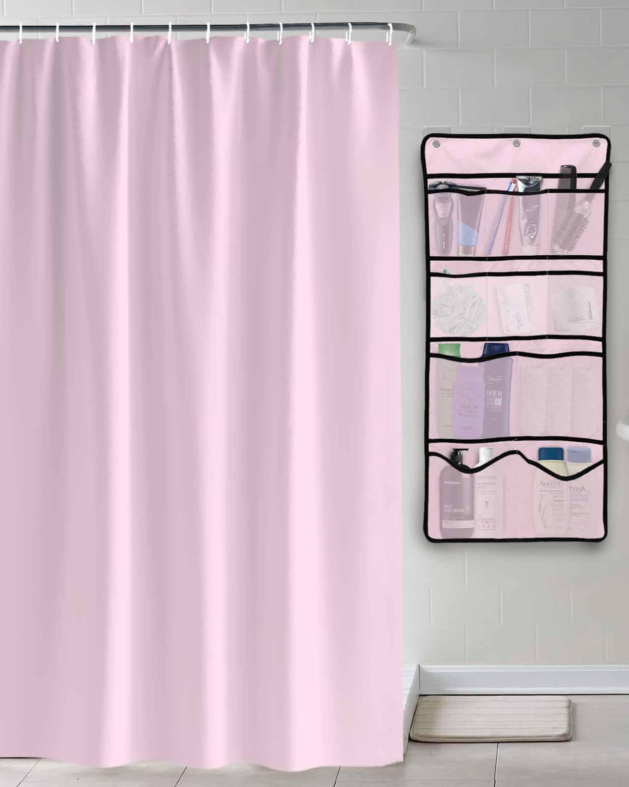 Shower Curtain Mesh Shower Organizer Hanging Set Solid Color Pink Waterproof Shower Curtains with 10 Pockets Quick Dry
